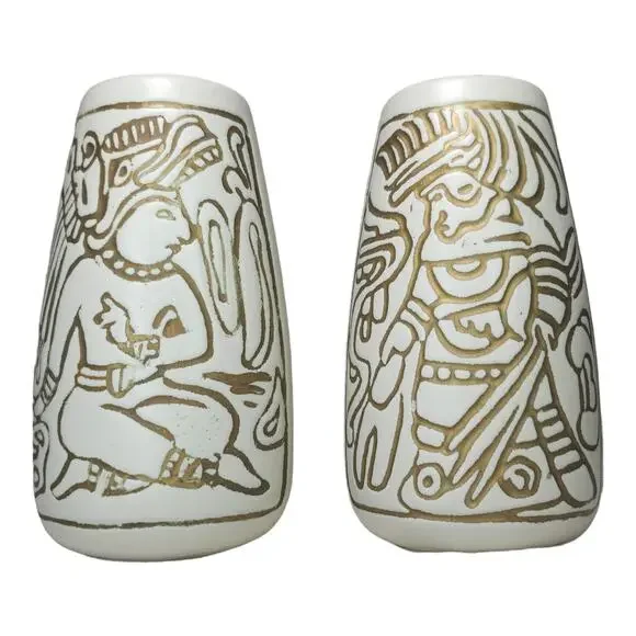 Vintage Mid-Century Mayan Aztec Native Design Vase Pair Cream Gold USA Made - Picture 2 of 16